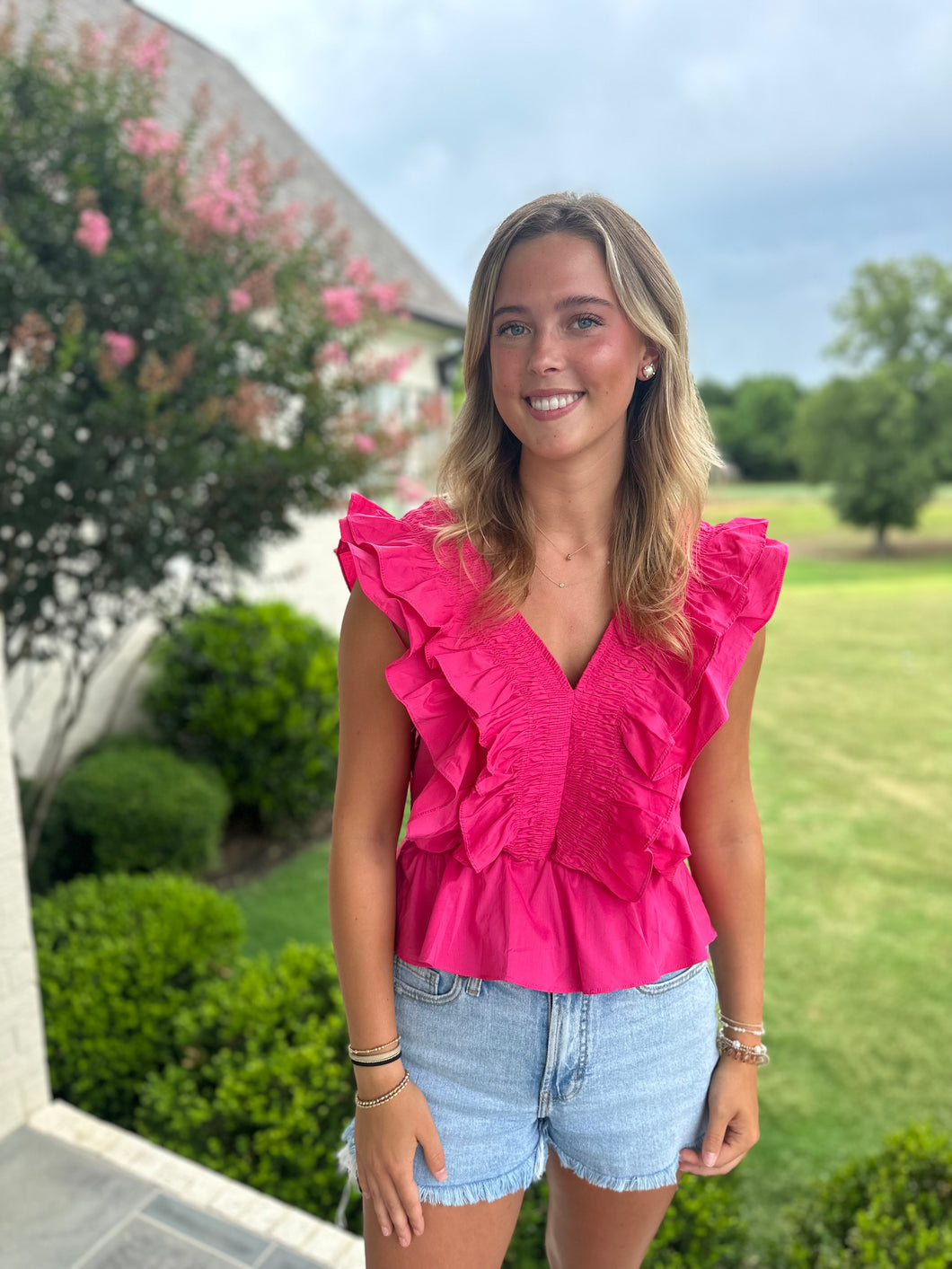 Smocked Detail Ruffle Top