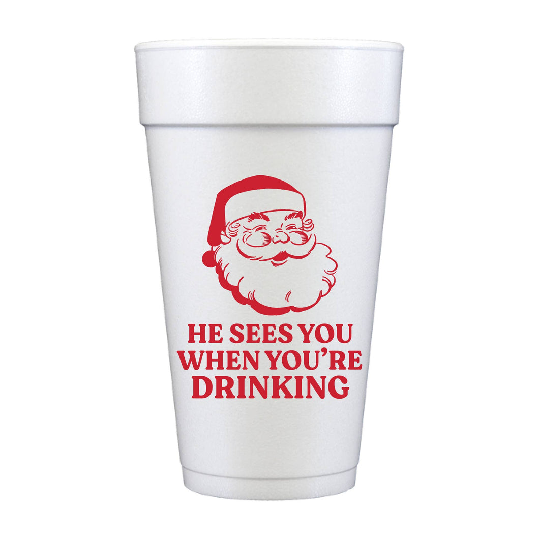 He Sees You Santa Christmas Foam Cups - Set of 10 Cups 20oz